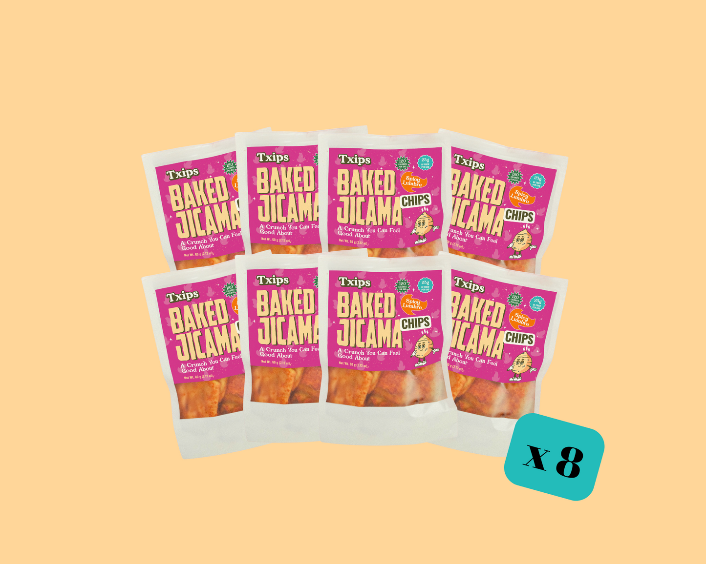 8-pack of Spicy Lumbre flavored baked jicama chips by Txips