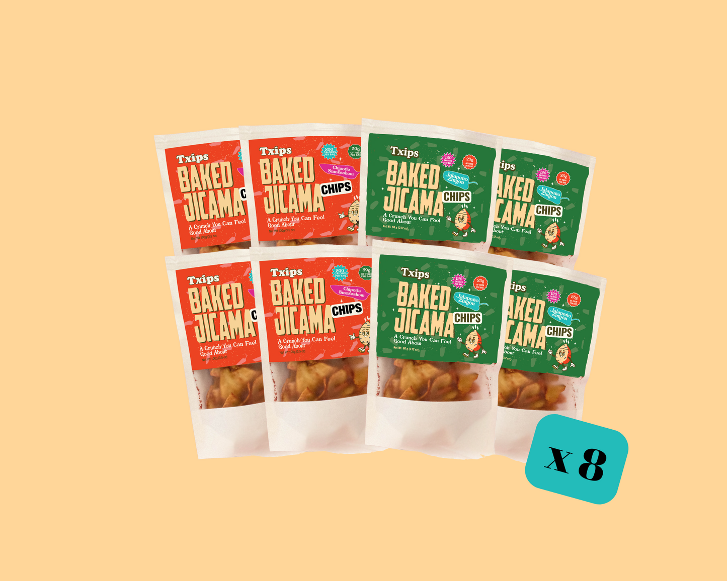 8-pack mix of Jalapeño and Chipotle baked jicama chips by Txips