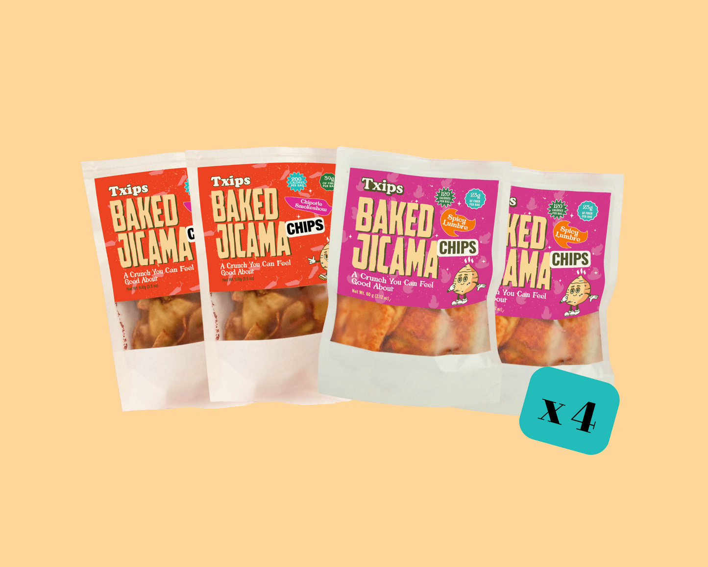4-pack mix of Chipotle and Spicy Lumbre baked jicama chips by Txips