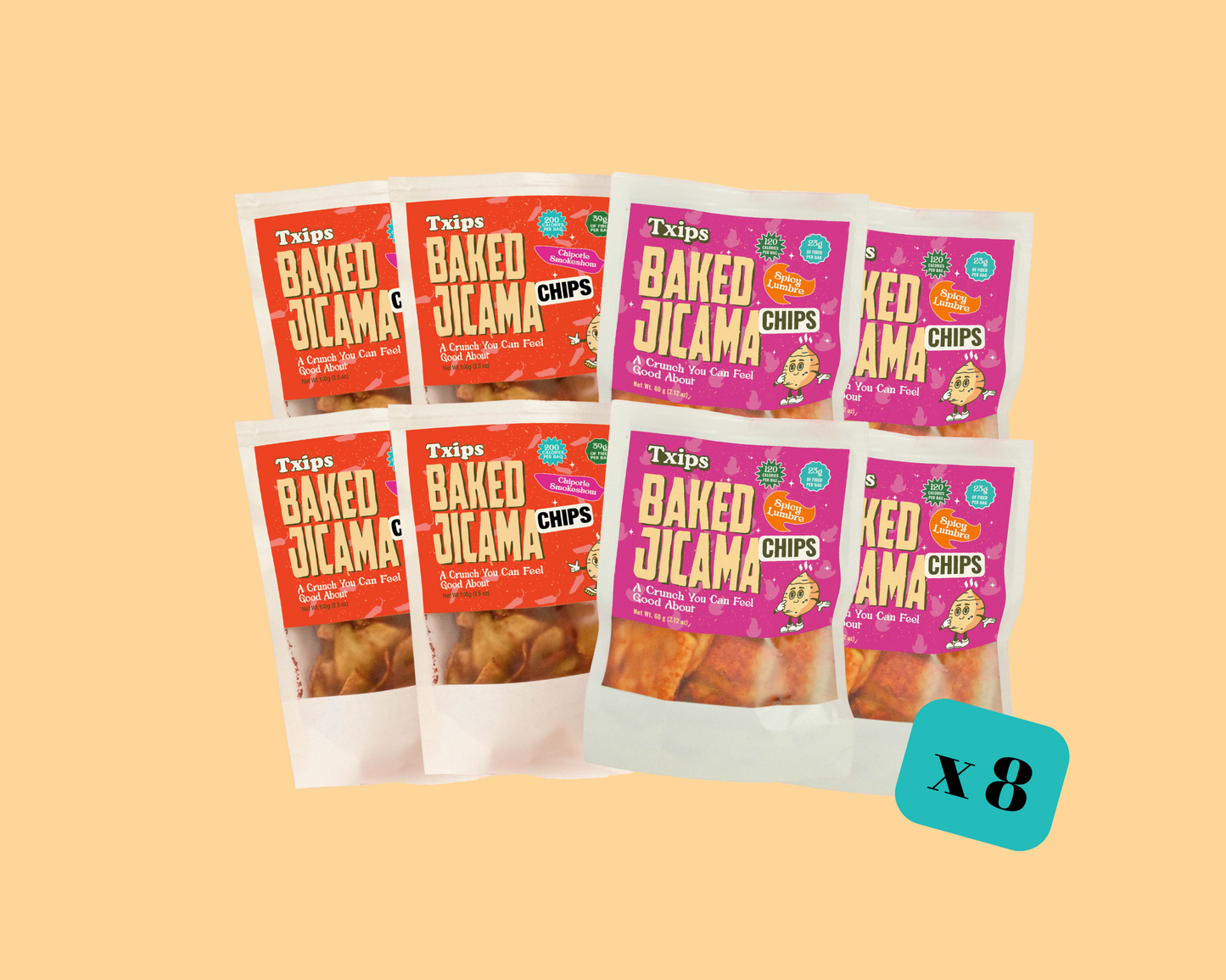 8-pack mix of Chipotle and Spicy Lumbre baked jicama chips by Txips