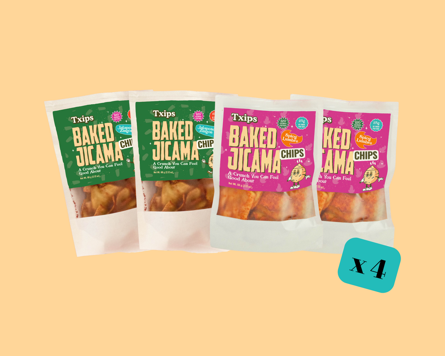 4-pack mix of Jalapeño and Spicy Lumbre baked jicama chips by Txips
