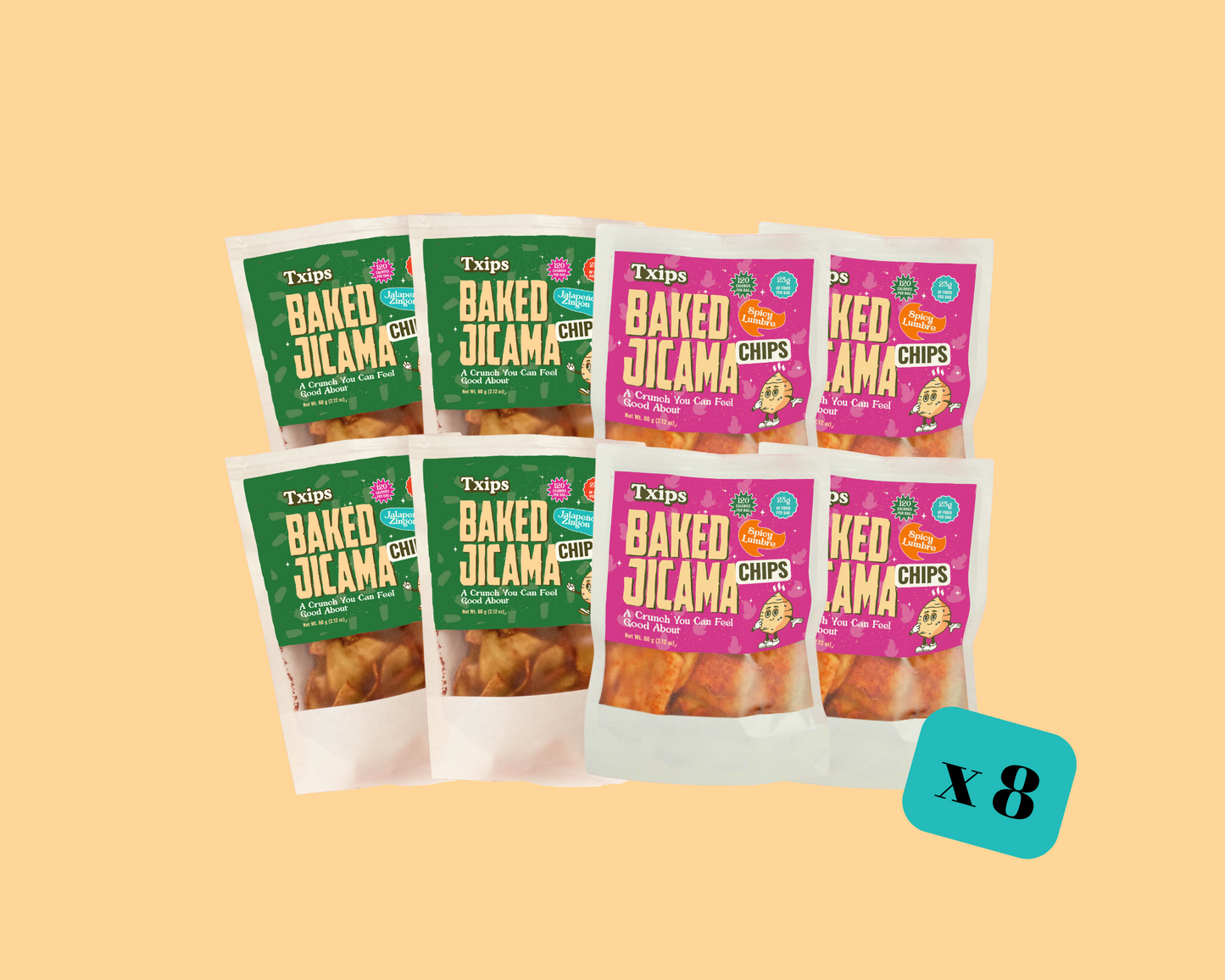 8-pack mix of Jalapeño and Spicy Lumbre baked jicama chips by Txips