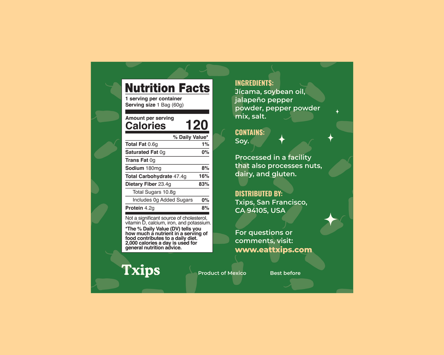 Table of contents for Jalapeño flavored baked jicama chips nutritional info and ingredients