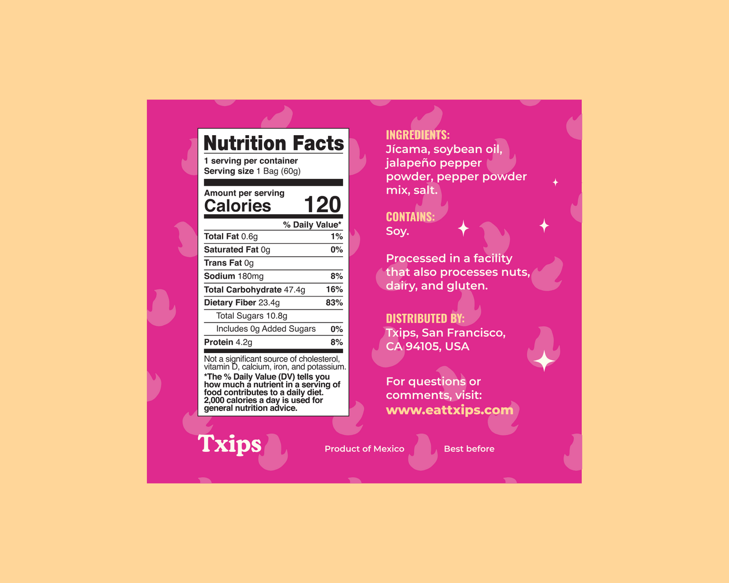 Table of contents for Spicy Lumbre flavored baked jicama chips nutritional info and ingredients