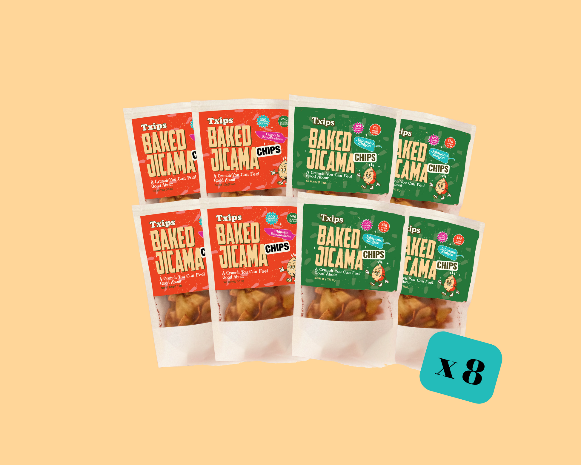 8-pack mix of Jalapeño and Chipotle baked jicama chips by Txips